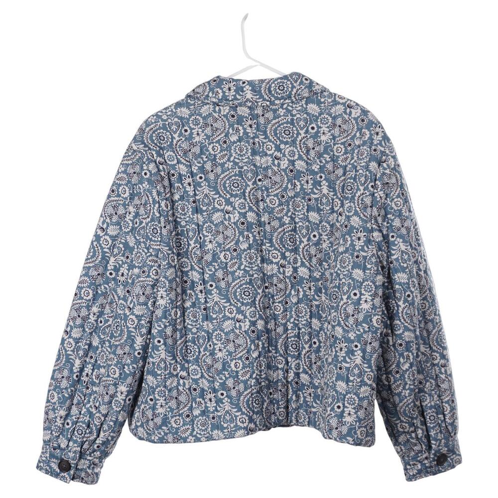 Boden Quilted Jacket Women 12 Blue Floral Cotton Linen Button Up Pockets Casual - Picture 5 of 9